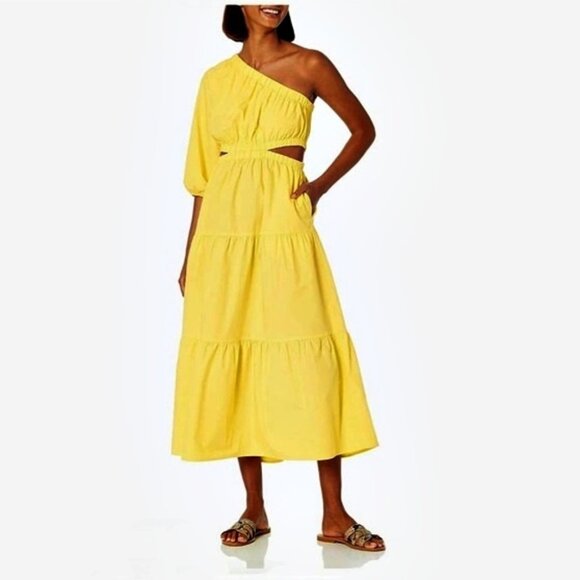 🎄NWT The Drop April Tiered One-Shoulder Lemon Midi Dress w/ Pockets Size Large - Picture 3 of 4